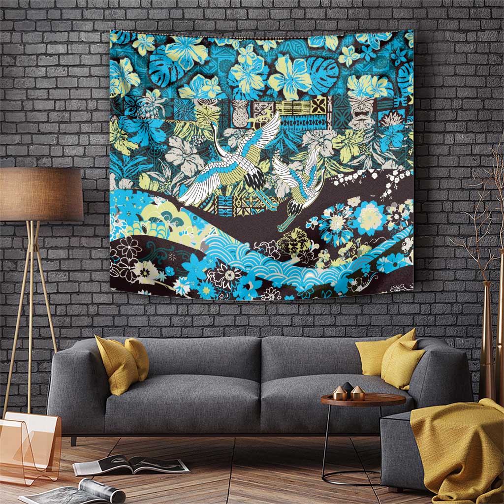 Japanese Hawaiian Crane Tapestry Blue Tapa Patchwork Pattern LT9 Blue - Polynesian Pride