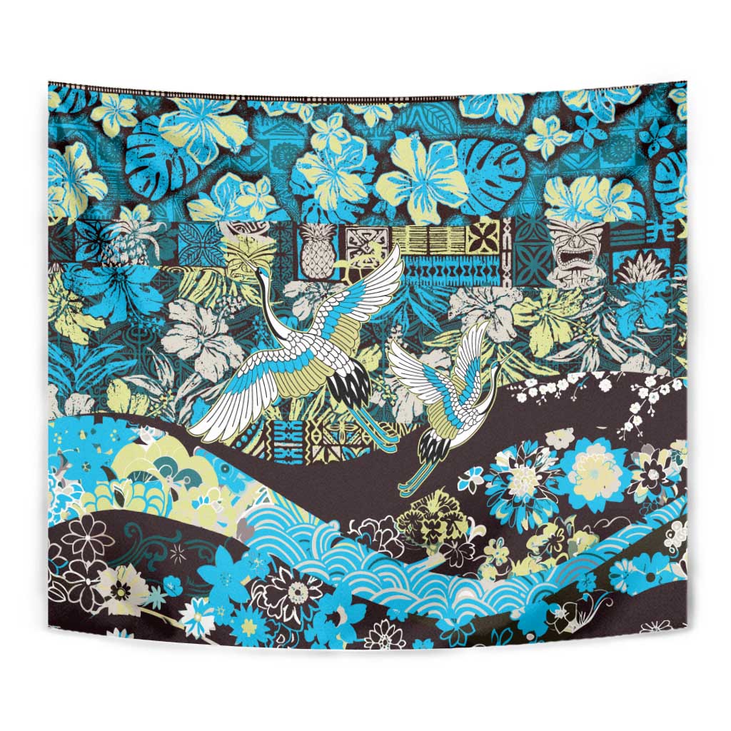 Japanese Hawaiian Crane Tapestry Blue Tapa Patchwork Pattern LT9 - Polynesian Pride