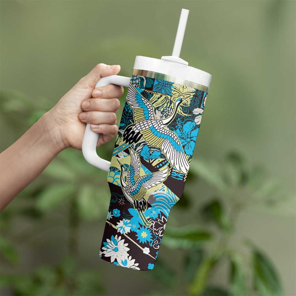 Japanese Hawaiian Crane Tumbler With Handle Blue Tapa Patchwork Pattern LT9 - Polynesian Pride