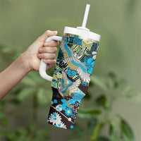 Japanese Hawaiian Crane Tumbler With Handle Blue Tapa Patchwork Pattern LT9 - Polynesian Pride