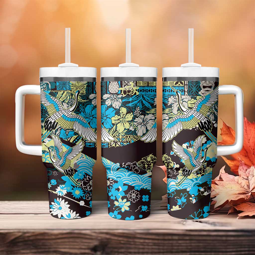 Japanese Hawaiian Crane Tumbler With Handle Blue Tapa Patchwork Pattern LT9 - Polynesian Pride