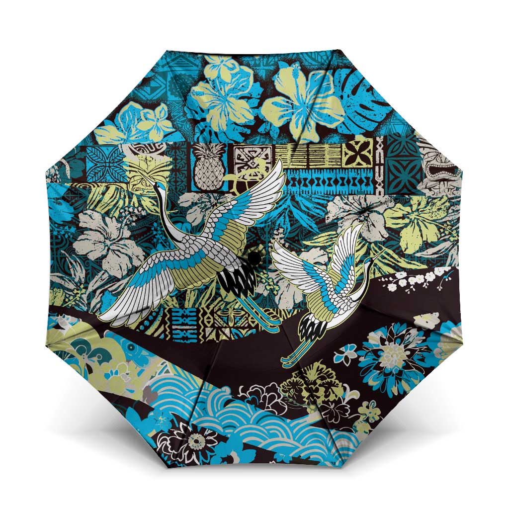 Japanese Hawaiian Crane Umbrella Blue Tapa Patchwork Pattern LT9 One Size Folded 11.42 inch Opened Diameter 37.4 inch Blue - Polynesian Pride