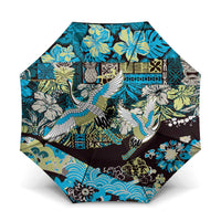 Japanese Hawaiian Crane Umbrella Blue Tapa Patchwork Pattern LT9 One Size Folded 11.42 inch Opened Diameter 37.4 inch Blue - Polynesian Pride