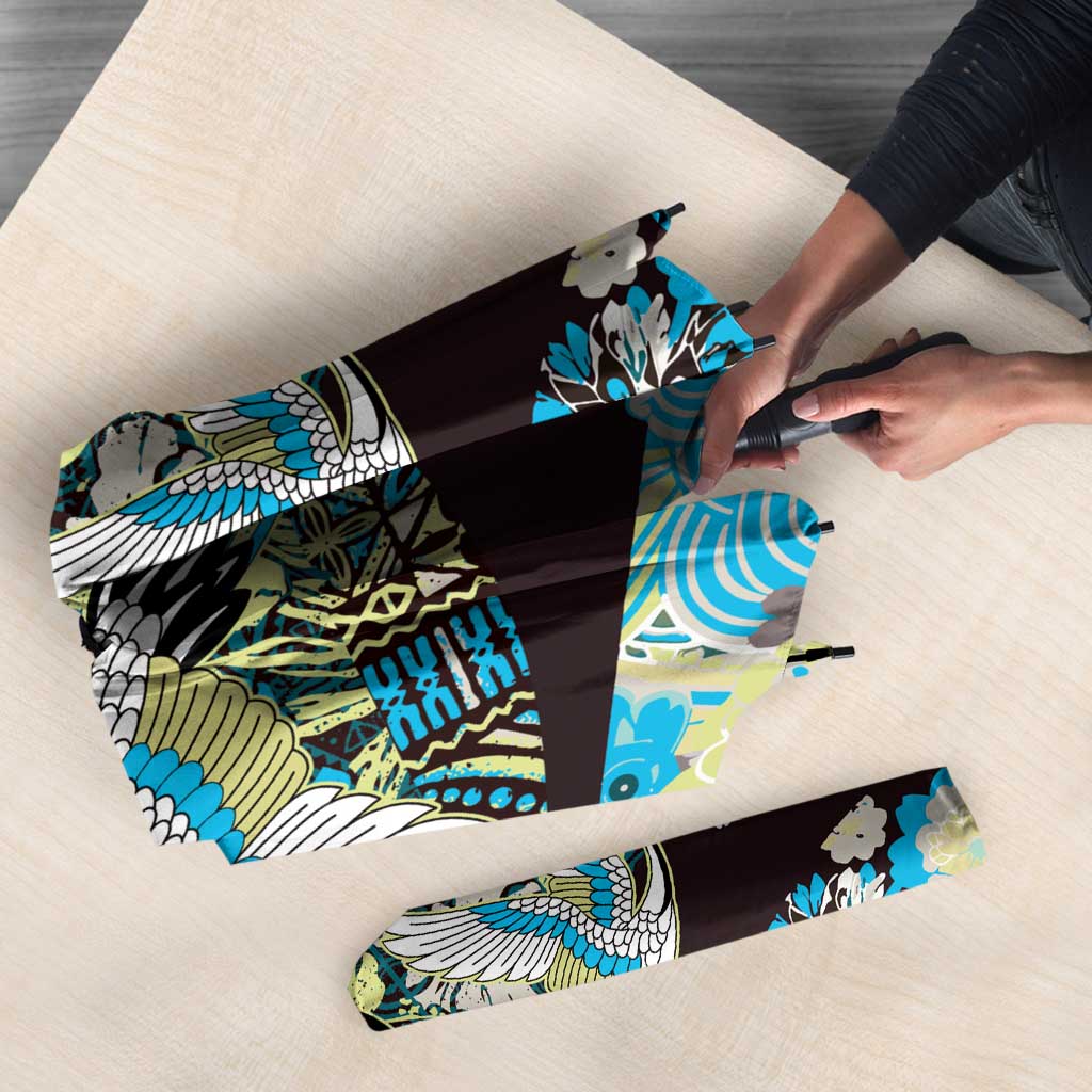 Japanese Hawaiian Crane Umbrella Blue Tapa Patchwork Pattern LT9 - Polynesian Pride