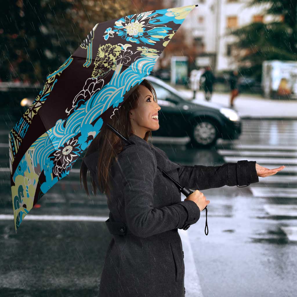 Japanese Hawaiian Crane Umbrella Blue Tapa Patchwork Pattern LT9 - Polynesian Pride