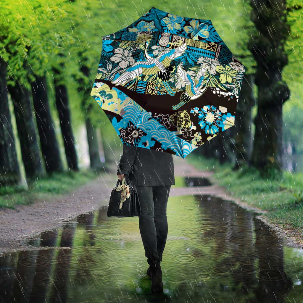 Japanese Hawaiian Crane Umbrella Blue Tapa Patchwork Pattern LT9 - Polynesian Pride