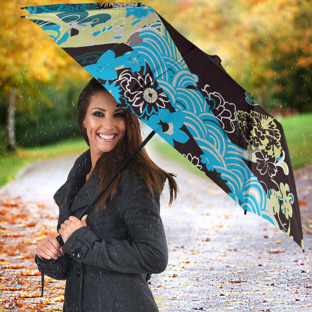 Japanese Hawaiian Crane Umbrella Blue Tapa Patchwork Pattern LT9 - Polynesian Pride