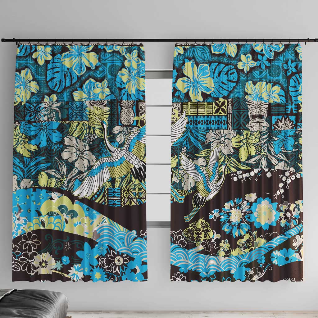 Japanese Hawaiian Crane Window Curtain Blue Tapa Patchwork Pattern LT9 With Hooks Blue - Polynesian Pride