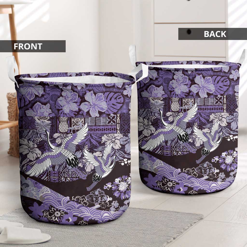 Japanese Hawaiian Crane Laundry Basket Purple Tapa Patchwork Pattern LT9 - Polynesian Pride