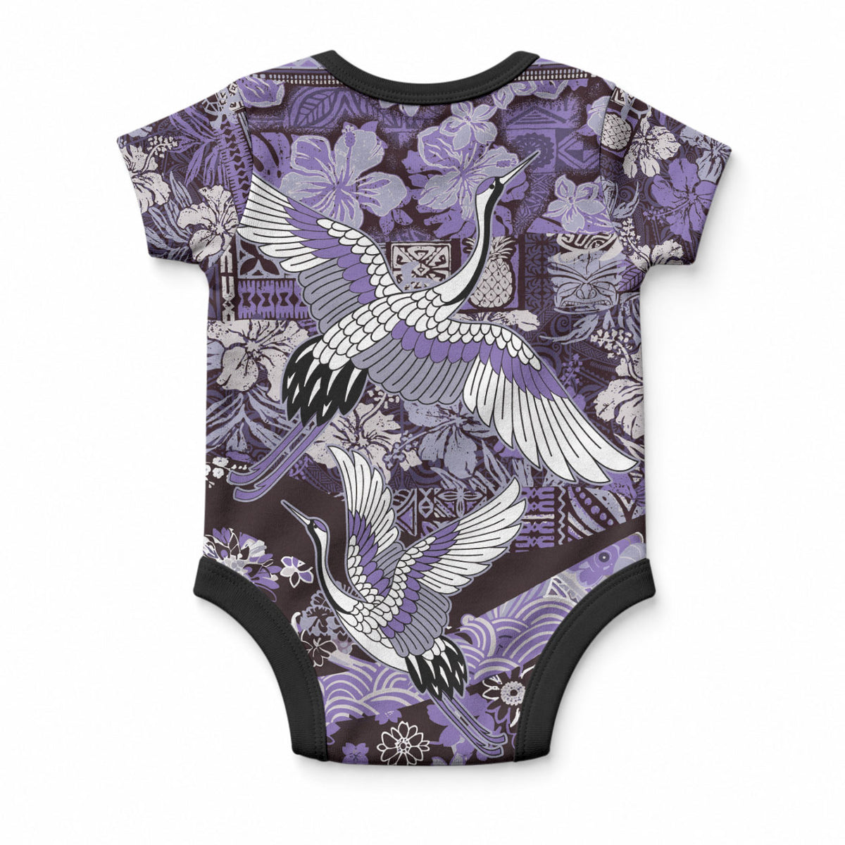 Japanese Hawaiian Crane Baby Onesie Purple Tapa Patchwork Pattern LT9 - Polynesian Pride