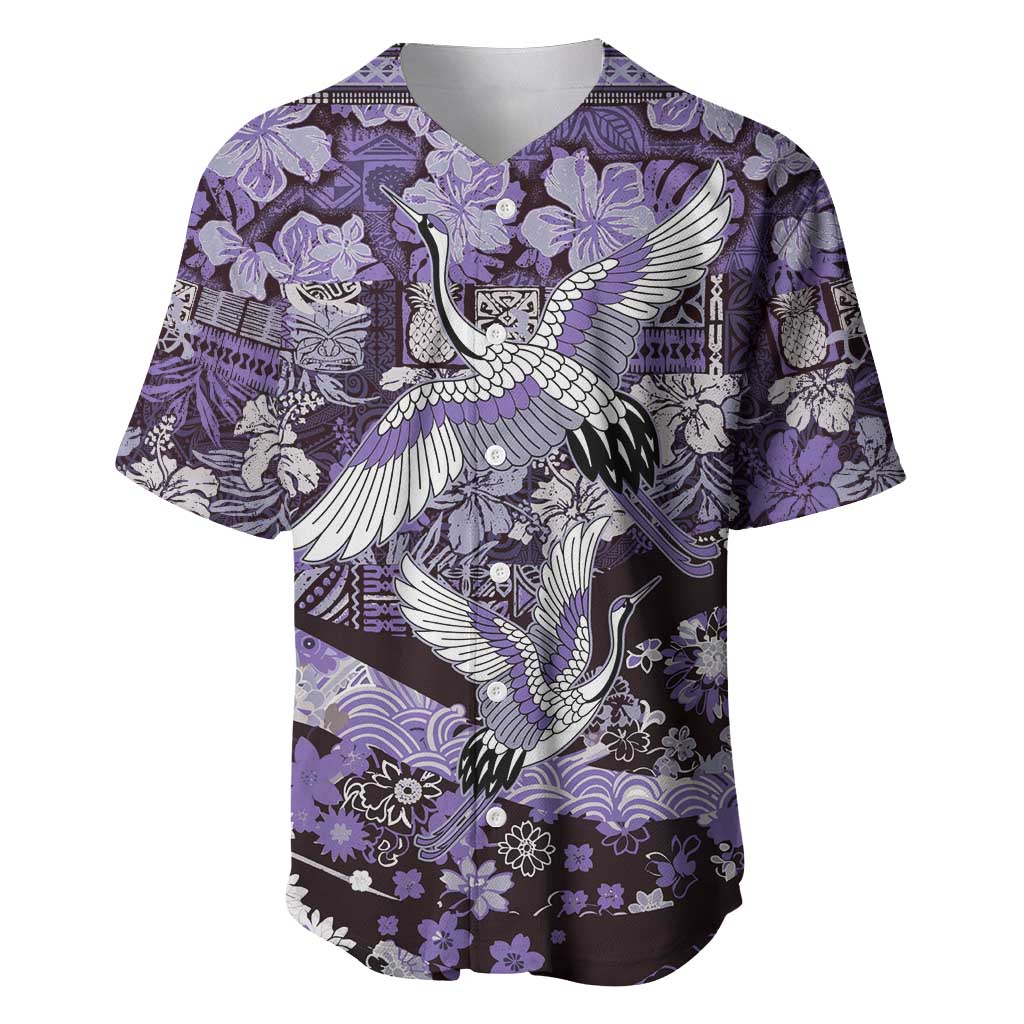 Japanese Hawaiian Crane Baseball Jersey Purple Tapa Patchwork Pattern LT9 Purple - Polynesian Pride