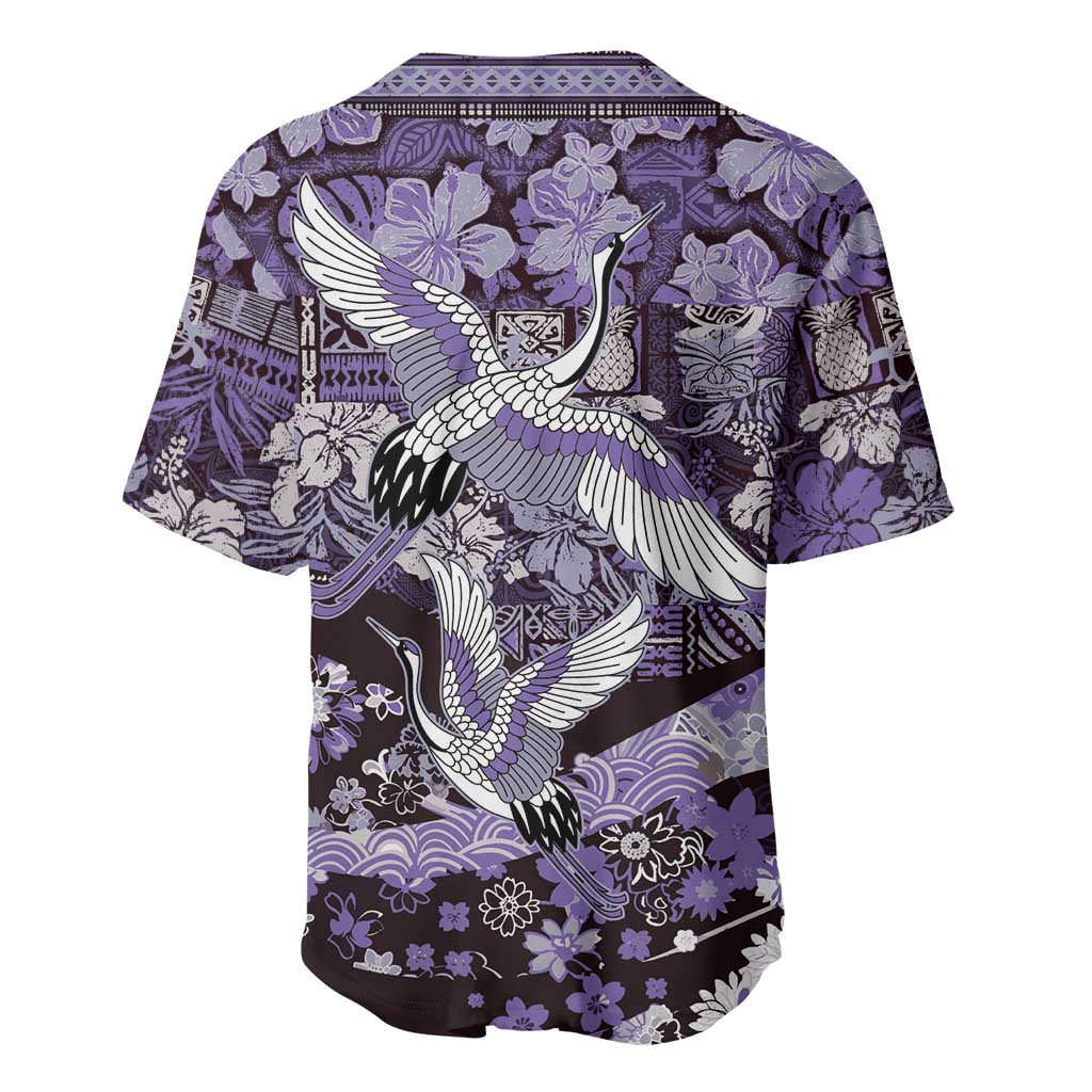 Japanese Hawaiian Crane Baseball Jersey Purple Tapa Patchwork Pattern LT9 - Polynesian Pride