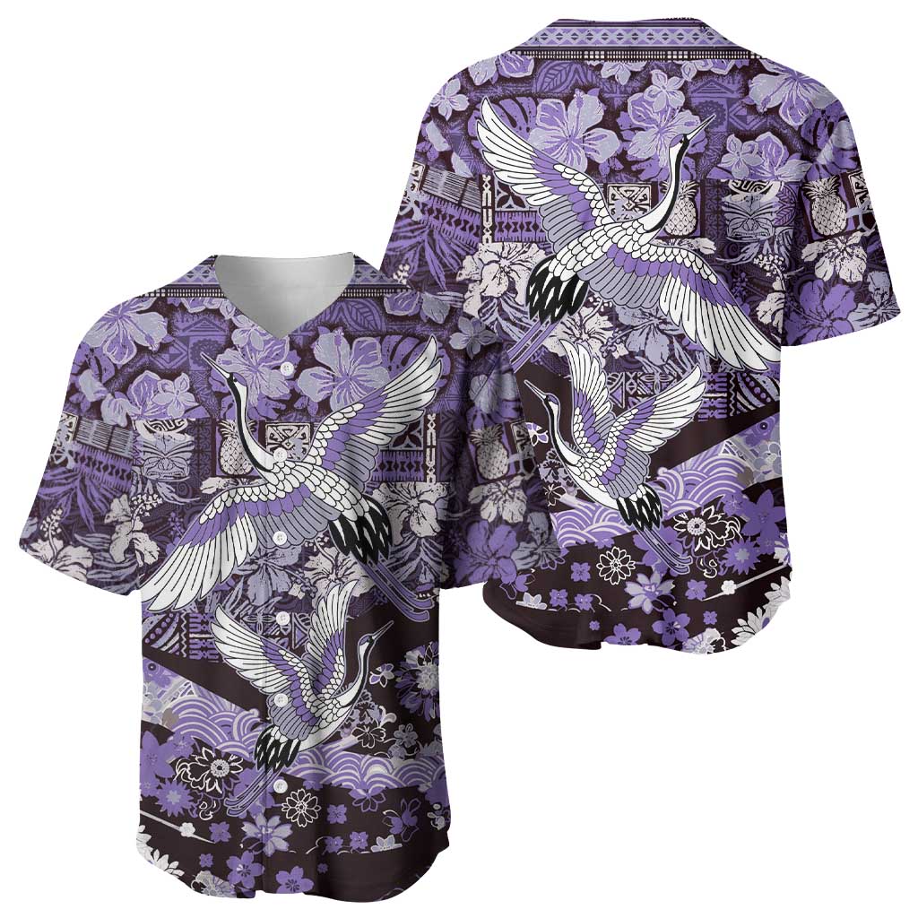 Japanese Hawaiian Crane Baseball Jersey Purple Tapa Patchwork Pattern LT9 - Polynesian Pride