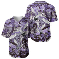 Japanese Hawaiian Crane Baseball Jersey Purple Tapa Patchwork Pattern LT9 - Polynesian Pride