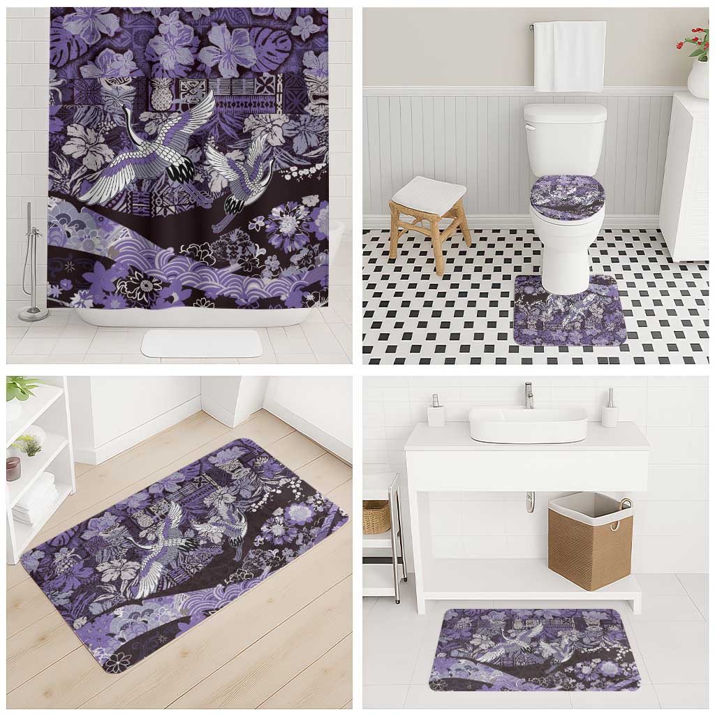 Japanese Hawaiian Crane Bathroom Set Purple Tapa Patchwork Pattern LT9 - Polynesian Pride