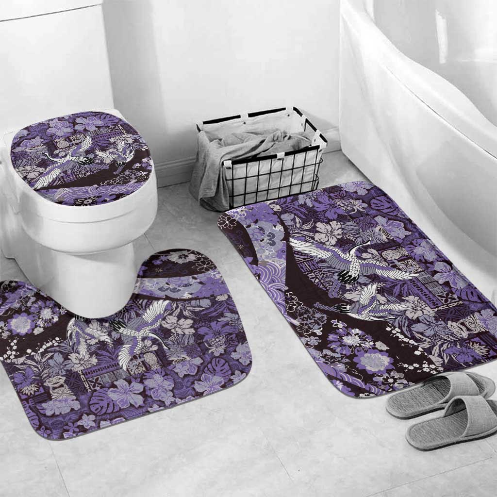 Japanese Hawaiian Crane Bathroom Set Purple Tapa Patchwork Pattern LT9 Mat Set Only (3 pcs) One Size Purple - Polynesian Pride