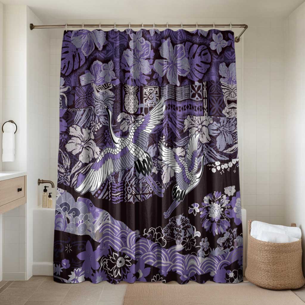 Japanese Hawaiian Crane Bathroom Set Purple Tapa Patchwork Pattern LT9 Shower Curtain Only Purple - Polynesian Pride