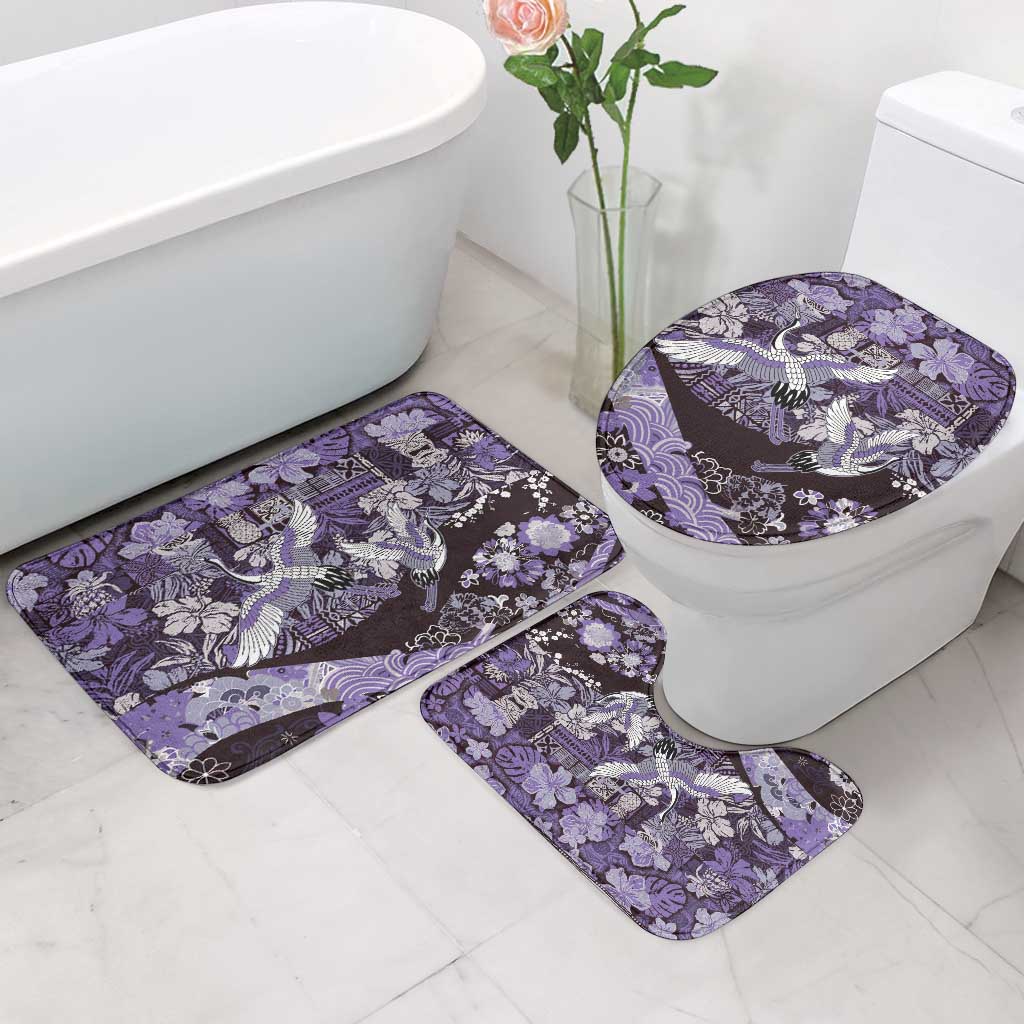Japanese Hawaiian Crane Bathroom Set Purple Tapa Patchwork Pattern LT9 - Polynesian Pride