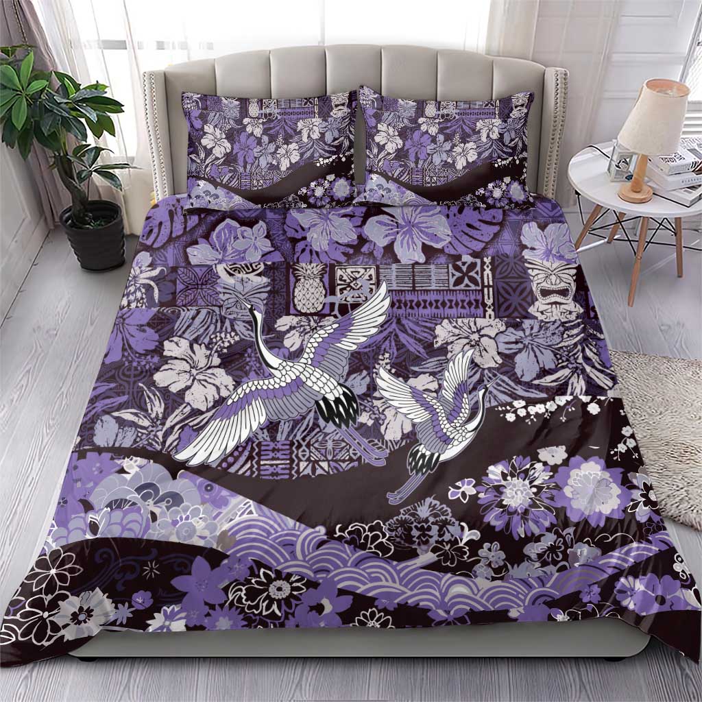 Japanese Hawaiian Crane Bedding Set Purple Tapa Patchwork Pattern LT9 - Polynesian Pride