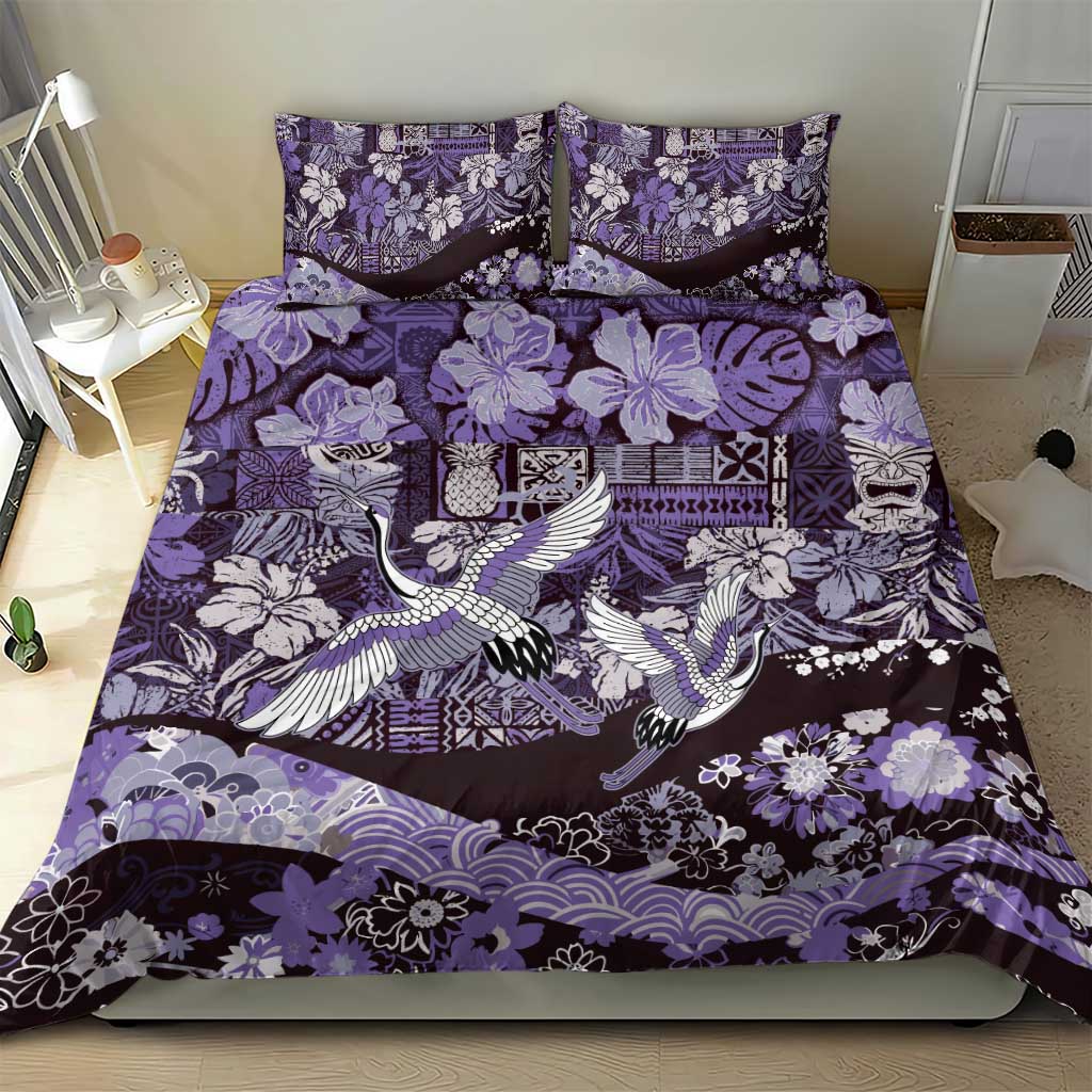 Japanese Hawaiian Crane Bedding Set Purple Tapa Patchwork Pattern LT9 - Polynesian Pride