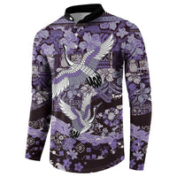Japanese Hawaiian Crane Button Sweatshirt Purple Tapa Patchwork Pattern LT9 - Polynesian Pride