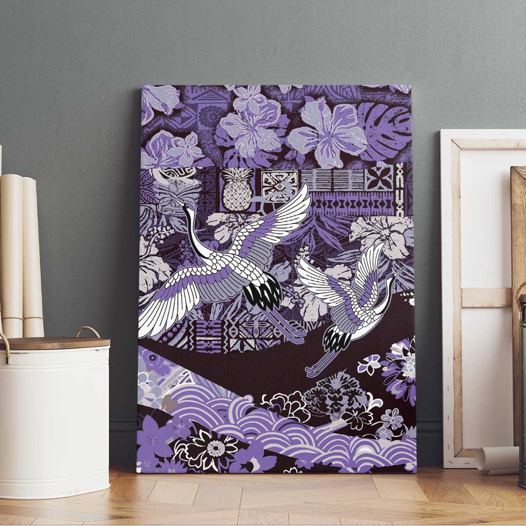 Japanese Hawaiian Crane Canvas Wall Art Purple Tapa Patchwork Pattern LT9 - Polynesian Pride