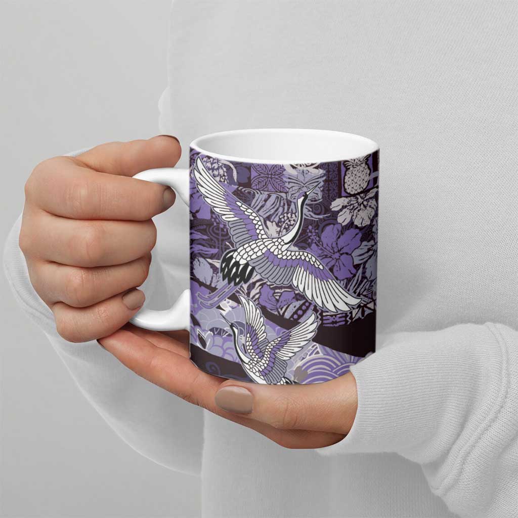 Japanese Hawaiian Crane Ceramic Mug Purple Tapa Patchwork Pattern LT9 - Polynesian Pride
