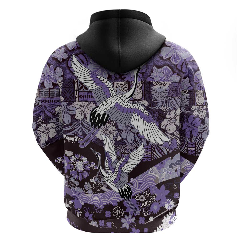 Japanese Hawaiian Crane Hoodie Purple Tapa Patchwork Pattern LT9 - Polynesian Pride