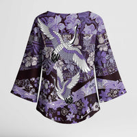 Japanese Hawaiian Crane Kimono Sleeve Blouse Purple Tapa Patchwork Pattern LT9 - Polynesian Pride