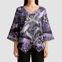 Japanese Hawaiian Crane Kimono Sleeve Blouse Purple Tapa Patchwork Pattern LT9 - Polynesian Pride