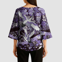 Japanese Hawaiian Crane Kimono Sleeve Blouse Purple Tapa Patchwork Pattern LT9 - Polynesian Pride