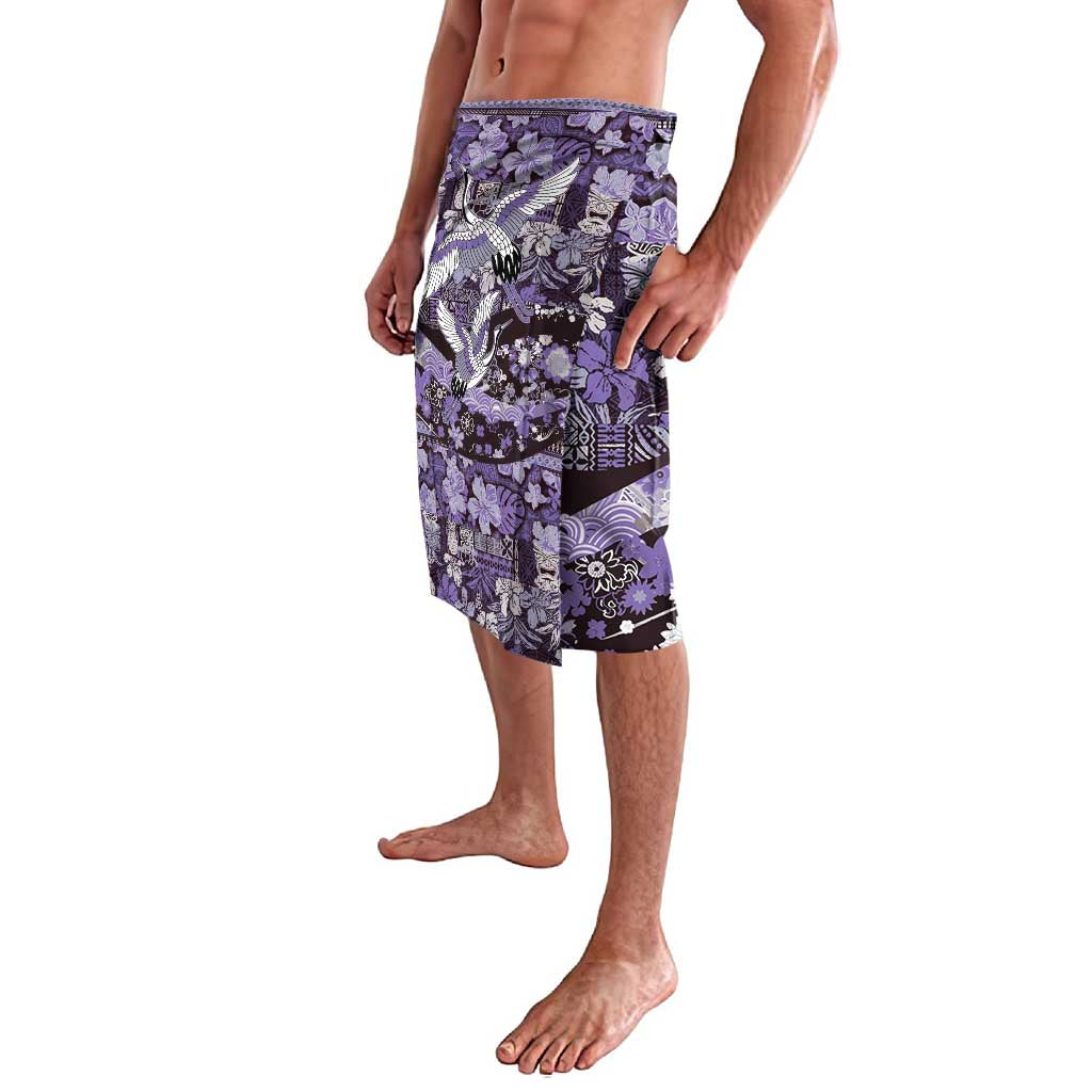 Japanese Hawaiian Crane Lavalava Purple Tapa Patchwork Pattern LT9 - Polynesian Pride