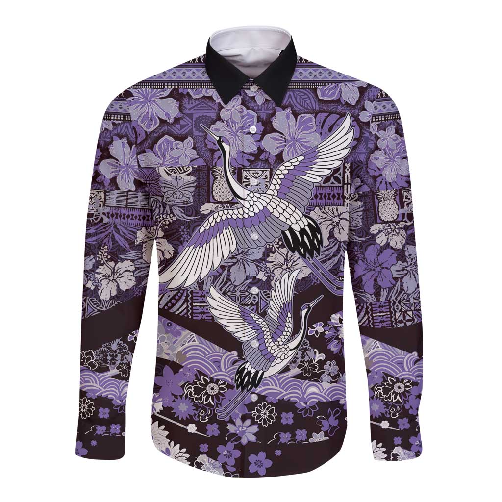 Japanese Hawaiian Crane Long Sleeve Button Shirt Purple Tapa Patchwork Pattern LT9 Unisex Purple - Polynesian Pride