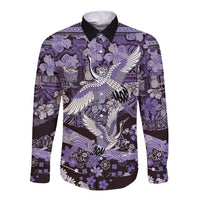 Japanese Hawaiian Crane Long Sleeve Button Shirt Purple Tapa Patchwork Pattern LT9 Unisex Purple - Polynesian Pride