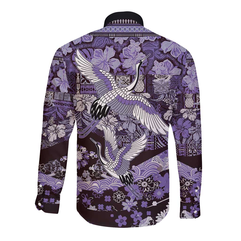 Japanese Hawaiian Crane Long Sleeve Button Shirt Purple Tapa Patchwork Pattern LT9 - Polynesian Pride