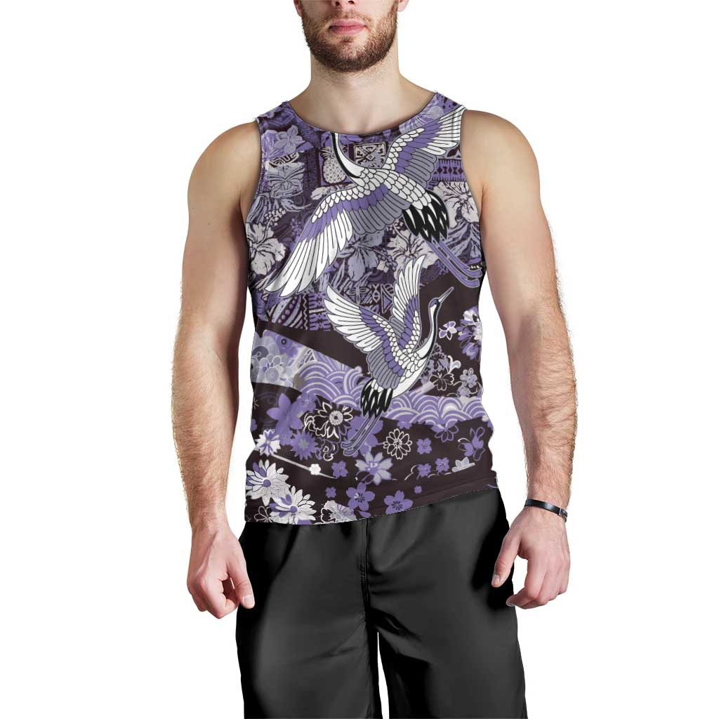 Japanese Hawaiian Crane Men Tank Top Purple Tapa Patchwork Pattern LT9 - Polynesian Pride