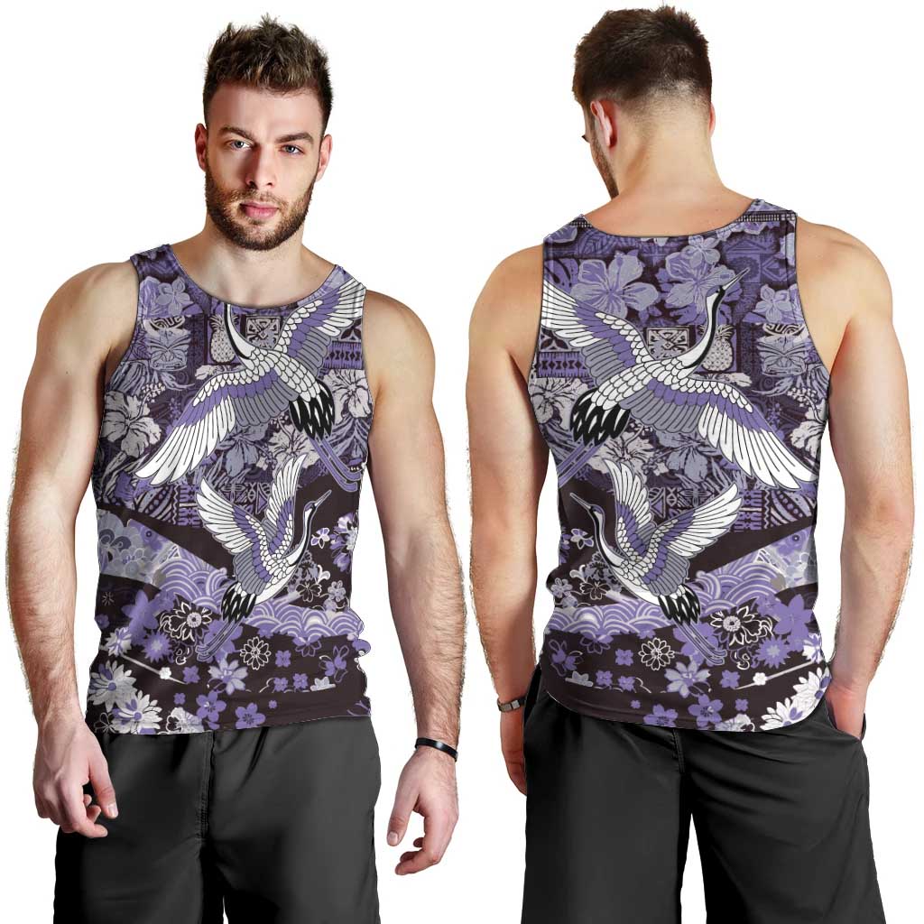 Japanese Hawaiian Crane Men Tank Top Purple Tapa Patchwork Pattern LT9 - Polynesian Pride