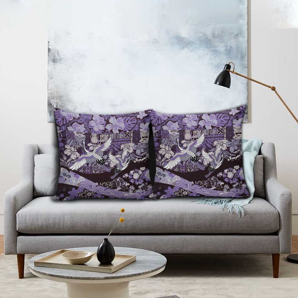 Japanese Hawaiian Crane Pillow Cover Purple Tapa Patchwork Pattern LT9 - Polynesian Pride