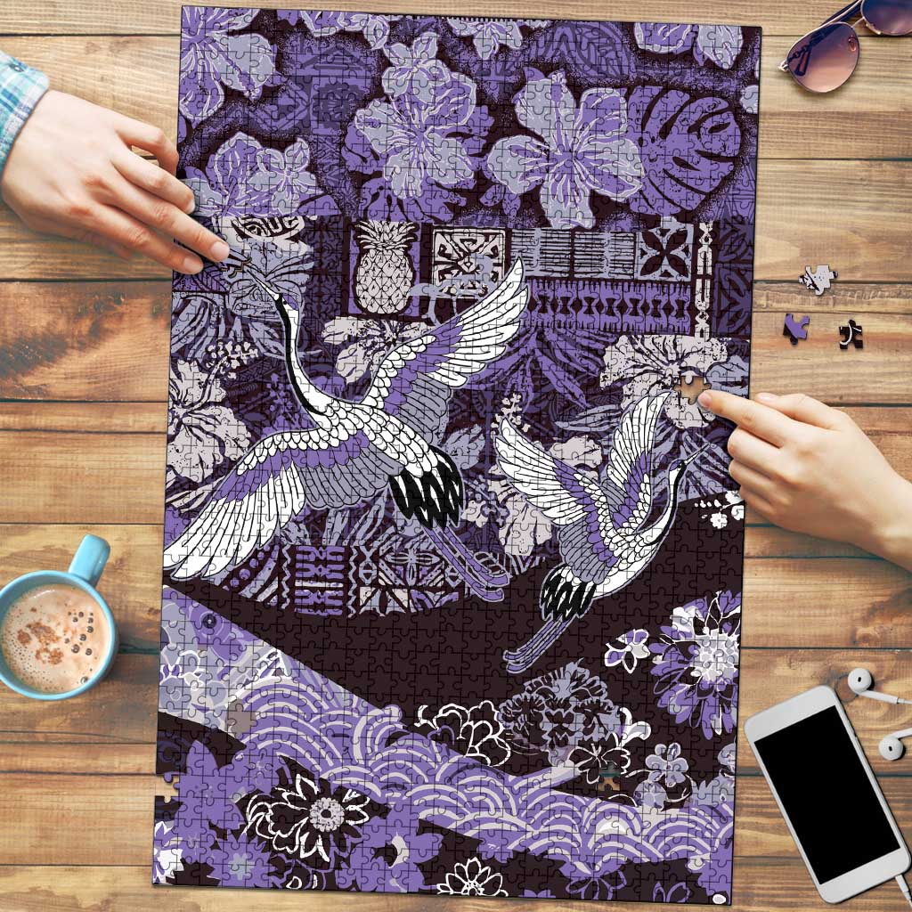 Japanese Hawaiian Crane Puzzle Purple Tapa Patchwork Pattern LT9 Purple - Polynesian Pride