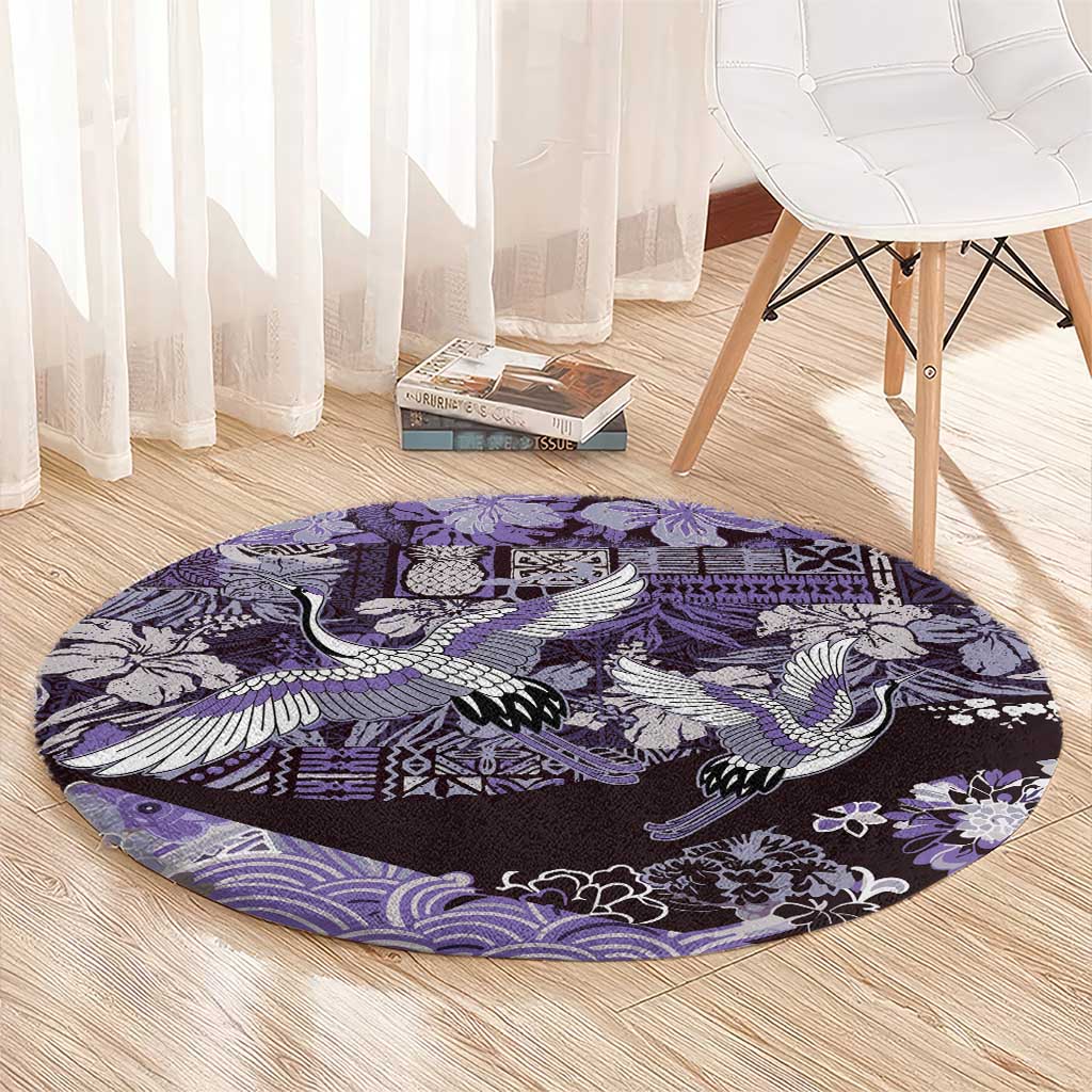 Japanese Hawaiian Crane Round Carpet Purple Tapa Patchwork Pattern LT9 - Polynesian Pride