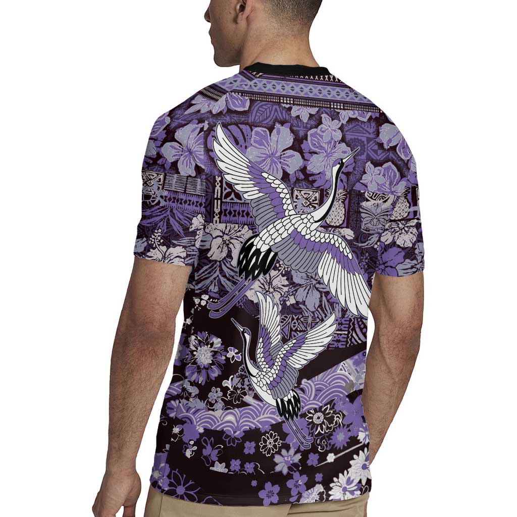 Japanese Hawaiian Crane Rugby Jersey Purple Tapa Patchwork Pattern LT9 - Polynesian Pride