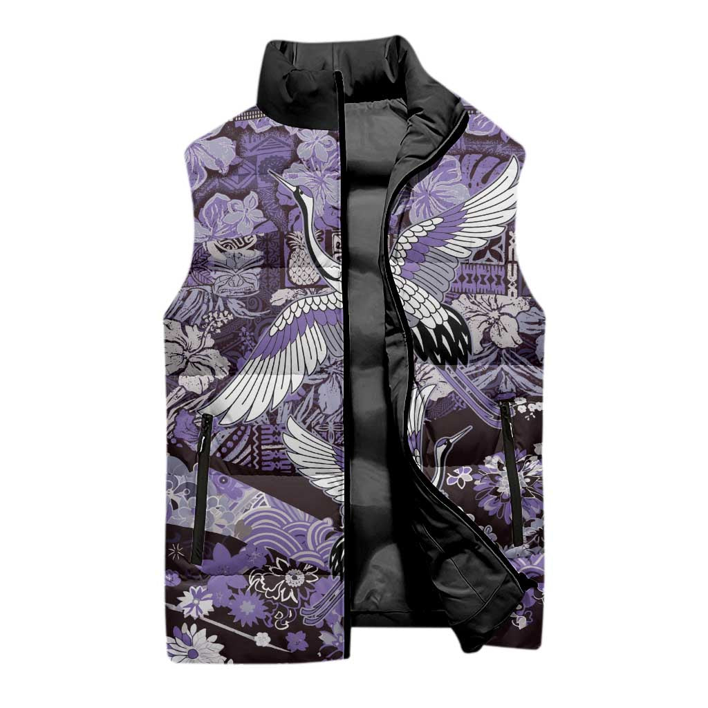 Japanese Hawaiian Crane Sleeveless Puffer Jacket Purple Tapa Patchwork Pattern LT9 - Polynesian Pride