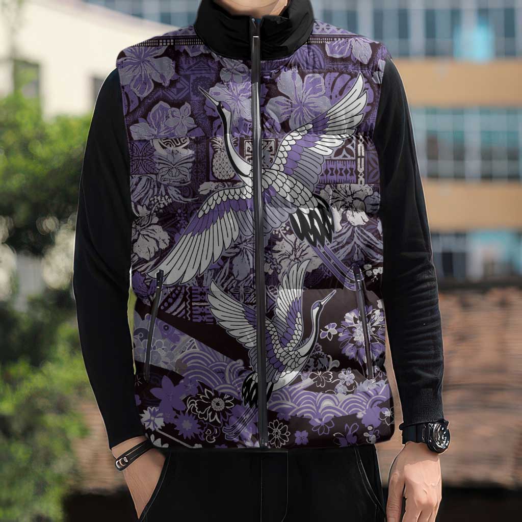 Japanese Hawaiian Crane Sleeveless Puffer Jacket Purple Tapa Patchwork Pattern LT9 - Polynesian Pride