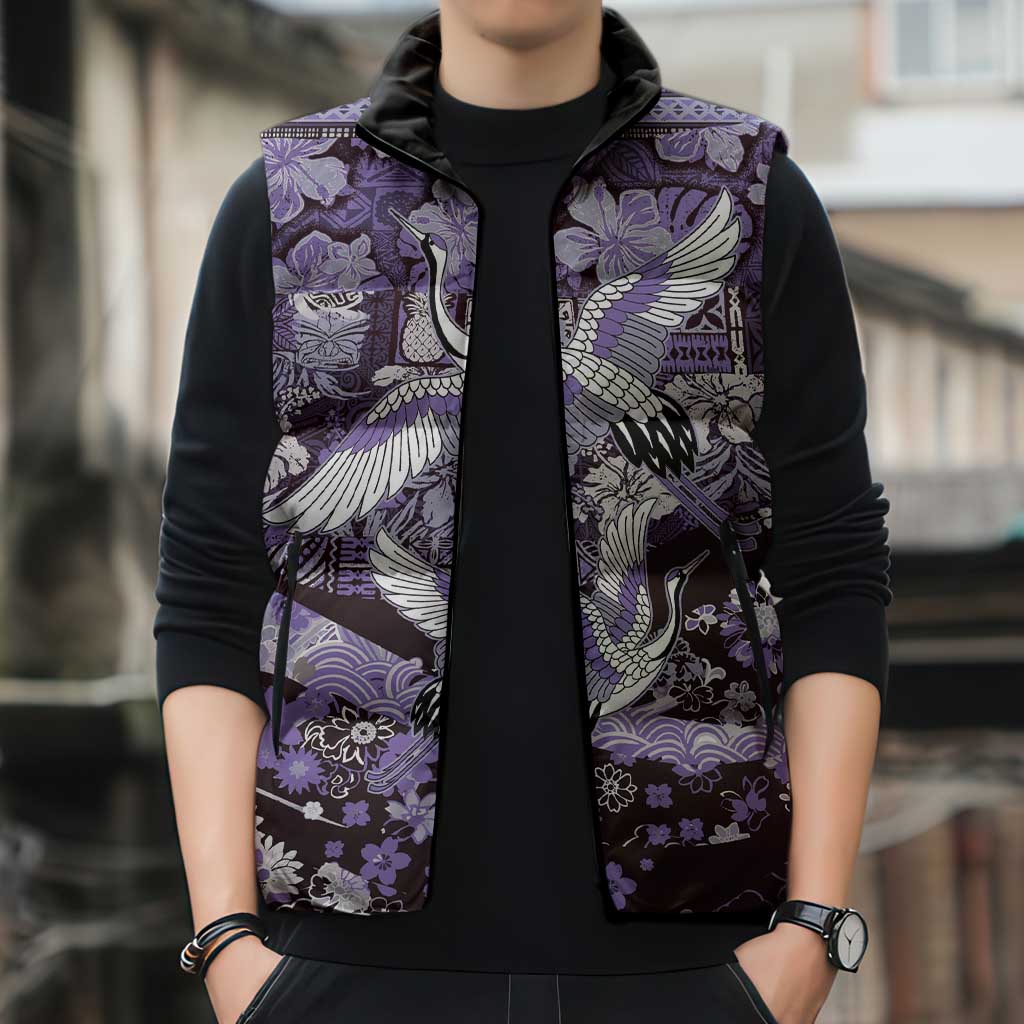 Japanese Hawaiian Crane Sleeveless Puffer Jacket Purple Tapa Patchwork Pattern LT9 - Polynesian Pride