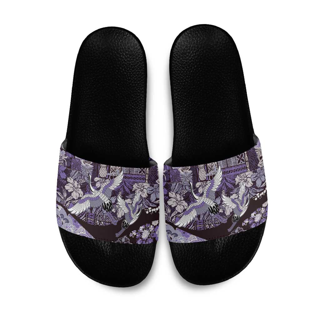 Japanese Hawaiian Crane Slide Sandals Purple Tapa Patchwork Pattern LT9 Purple - Polynesian Pride