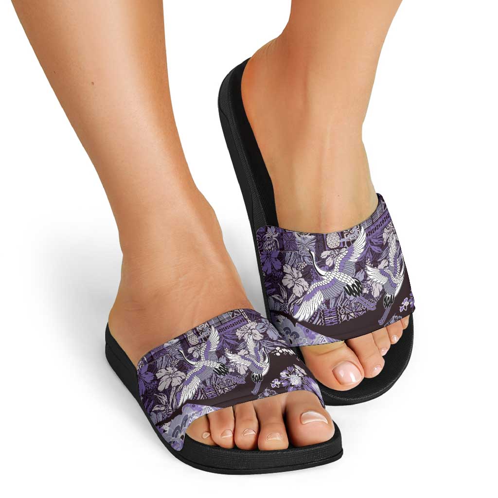 Japanese Hawaiian Crane Slide Sandals Purple Tapa Patchwork Pattern LT9 - Polynesian Pride