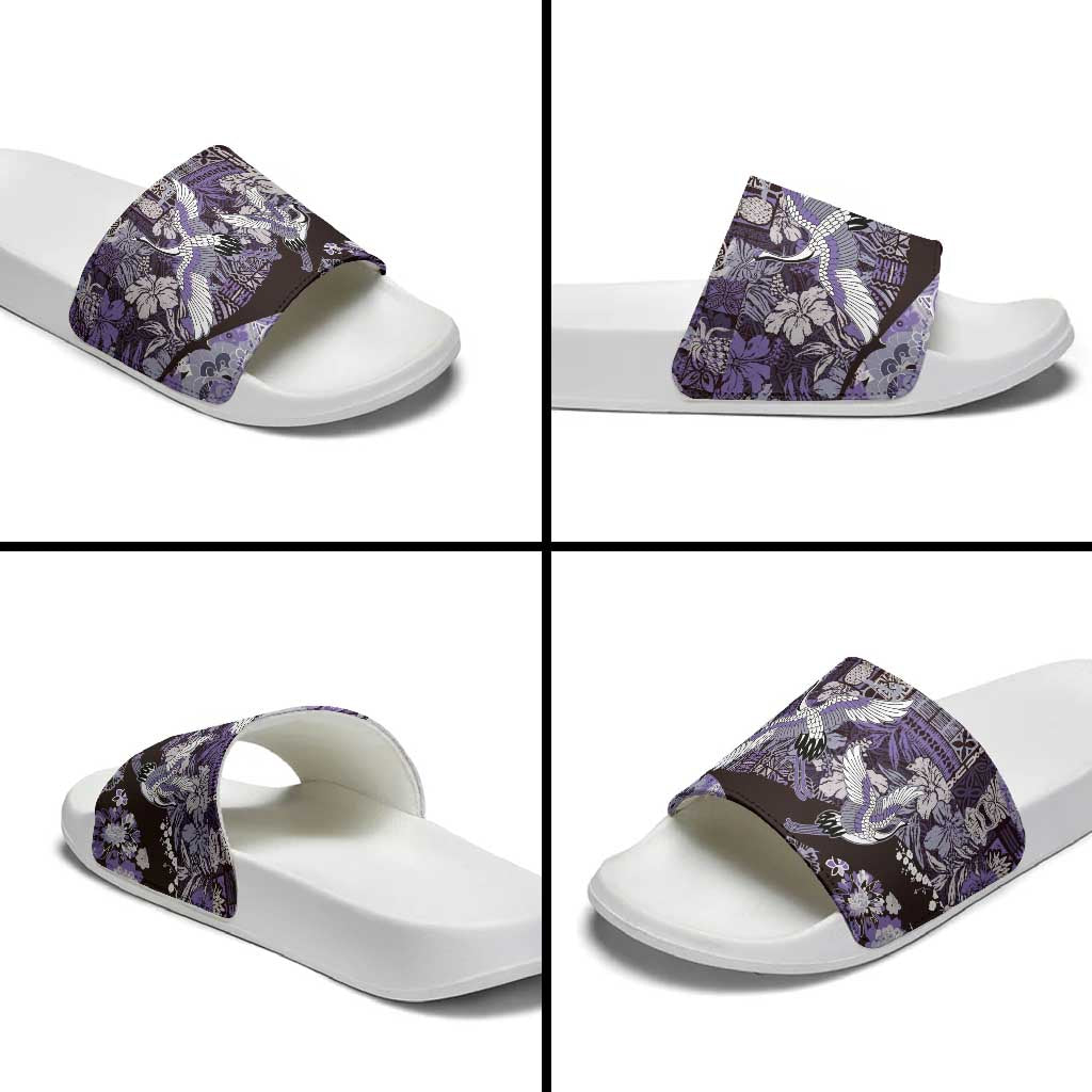Japanese Hawaiian Crane Slide Sandals Purple Tapa Patchwork Pattern LT9 - Polynesian Pride