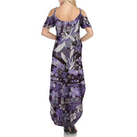 Japanese Hawaiian Crane Summer Maxi Dress Purple Tapa Patchwork Pattern LT9 - Polynesian Pride