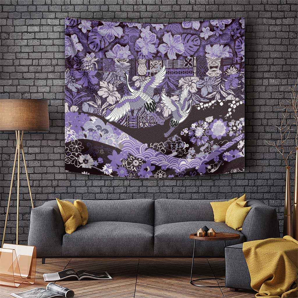 Japanese Hawaiian Crane Tapestry Purple Tapa Patchwork Pattern LT9 Purple - Polynesian Pride
