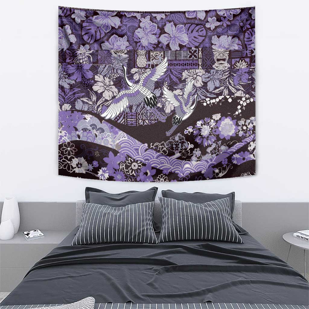 Japanese Hawaiian Crane Tapestry Purple Tapa Patchwork Pattern LT9 - Polynesian Pride